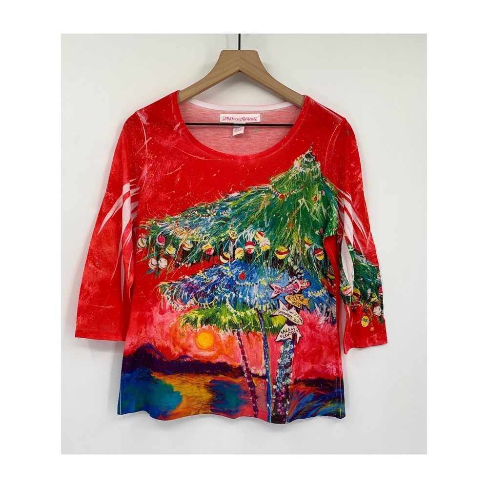 Leoma Lovegrove Shirt Women Medium Red Christmas Palm Tree Beach Florida